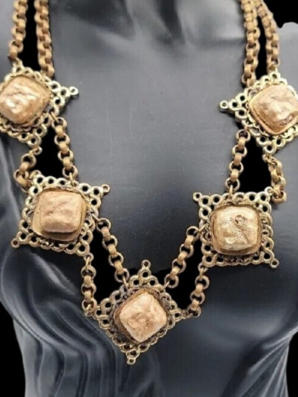 Vtg Brass Festoon Swag Necklace Ornate Filigree Molded Composite Cabochons 1960s